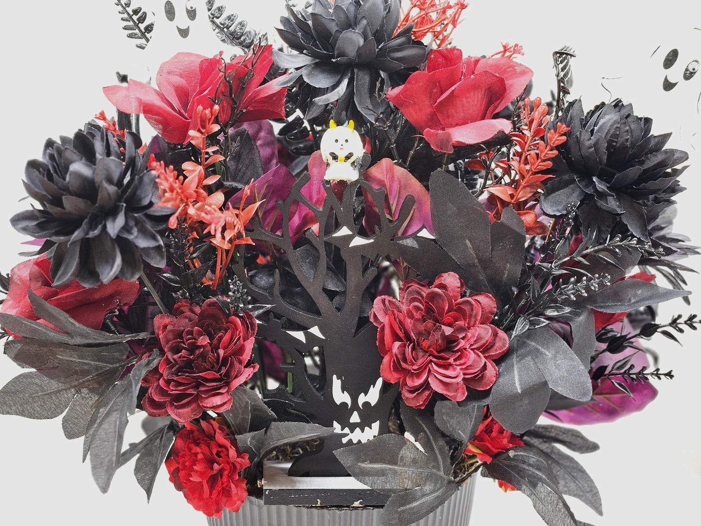 Creepy, Eerie Halloween Trees in Festive Flower Arrangements/2 options, red/black or Black/White/Halloween accents/set in black plastic bowl