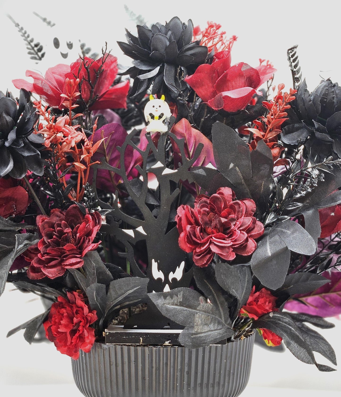 Creepy, Eerie Halloween Trees in Festive Flower Arrangements/2 options, red/black or Black/White/Halloween accents/set in black plastic bowl