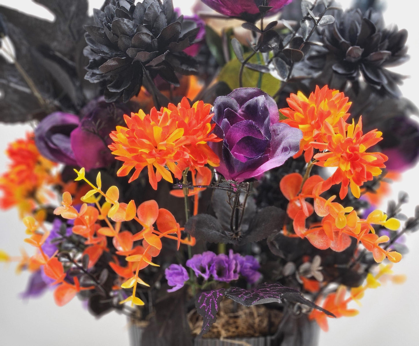 Creepy, Eerie Halloween Trees in Festive Flower Arrangements/2 options, red/black or Black/White/Halloween accents/set in black plastic bowl