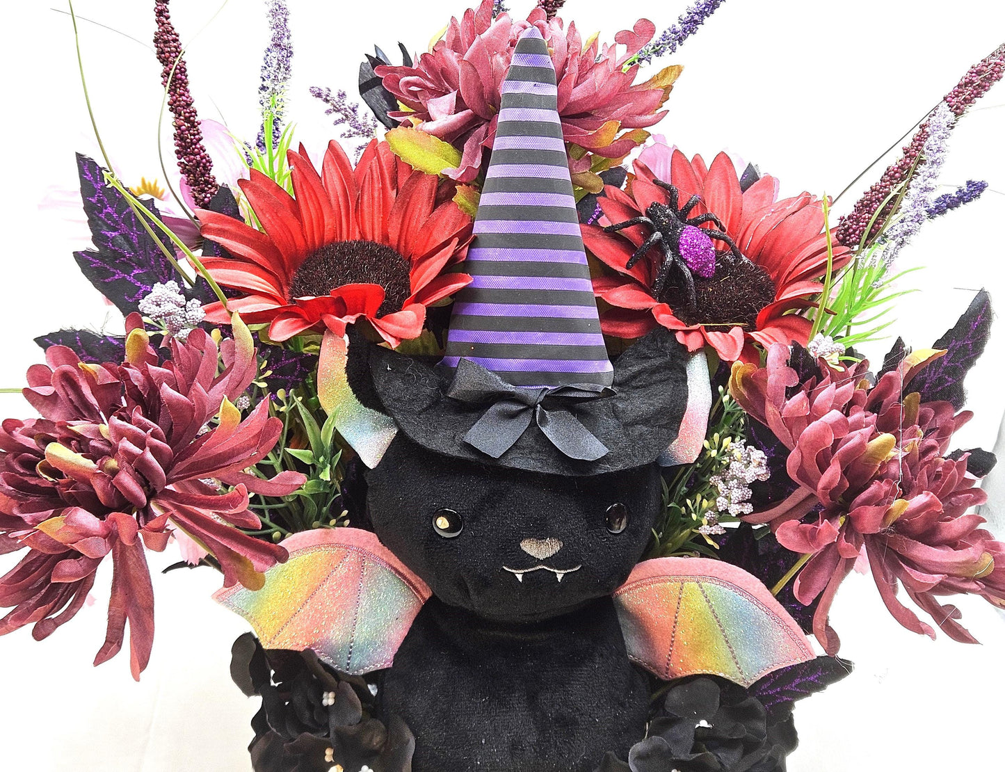 Cute Mysterious Stuffed Flying Halloween  Bat Amidst Floral Garden of Burgundy/Pink/Black/Purple, Festive Accents, Halloween Gift/Decor