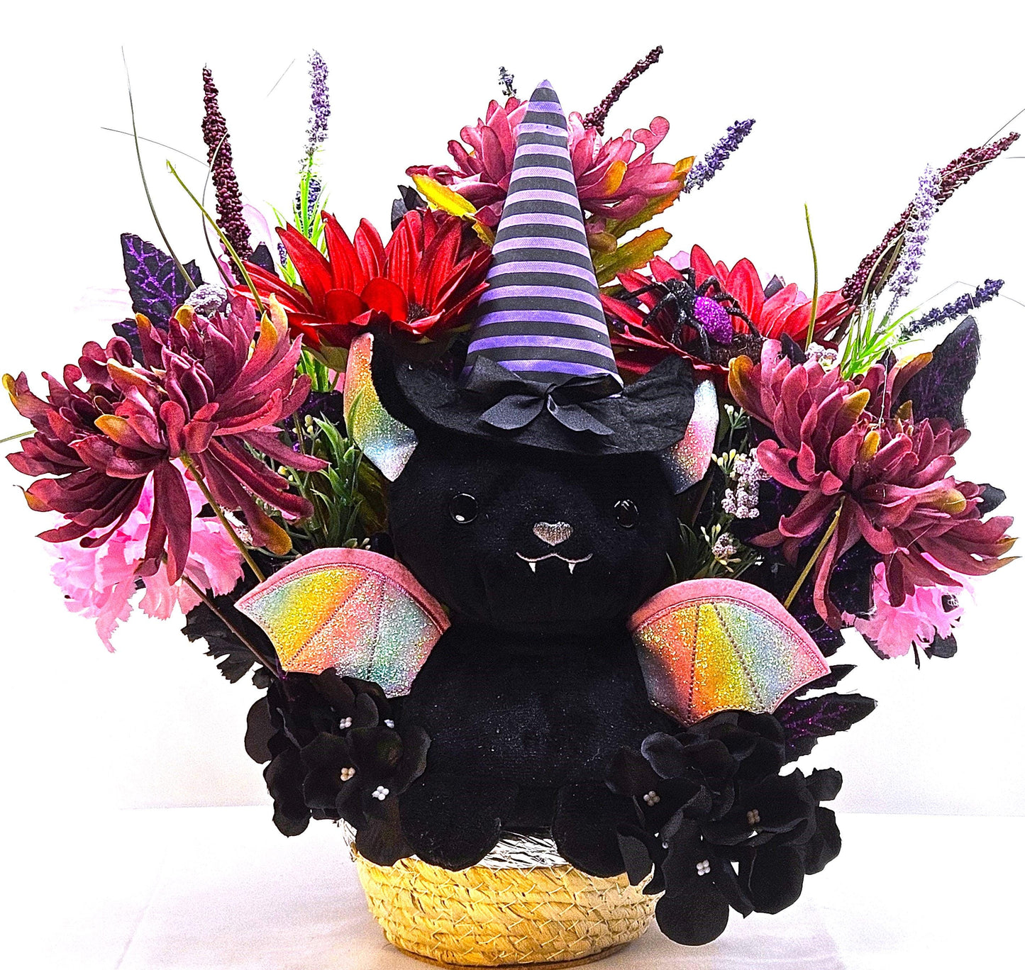 Cute Mysterious Stuffed Flying Halloween  Bat Amidst Floral Garden of Burgundy/Pink/Black/Purple, Festive Accents, Halloween Gift/Decor