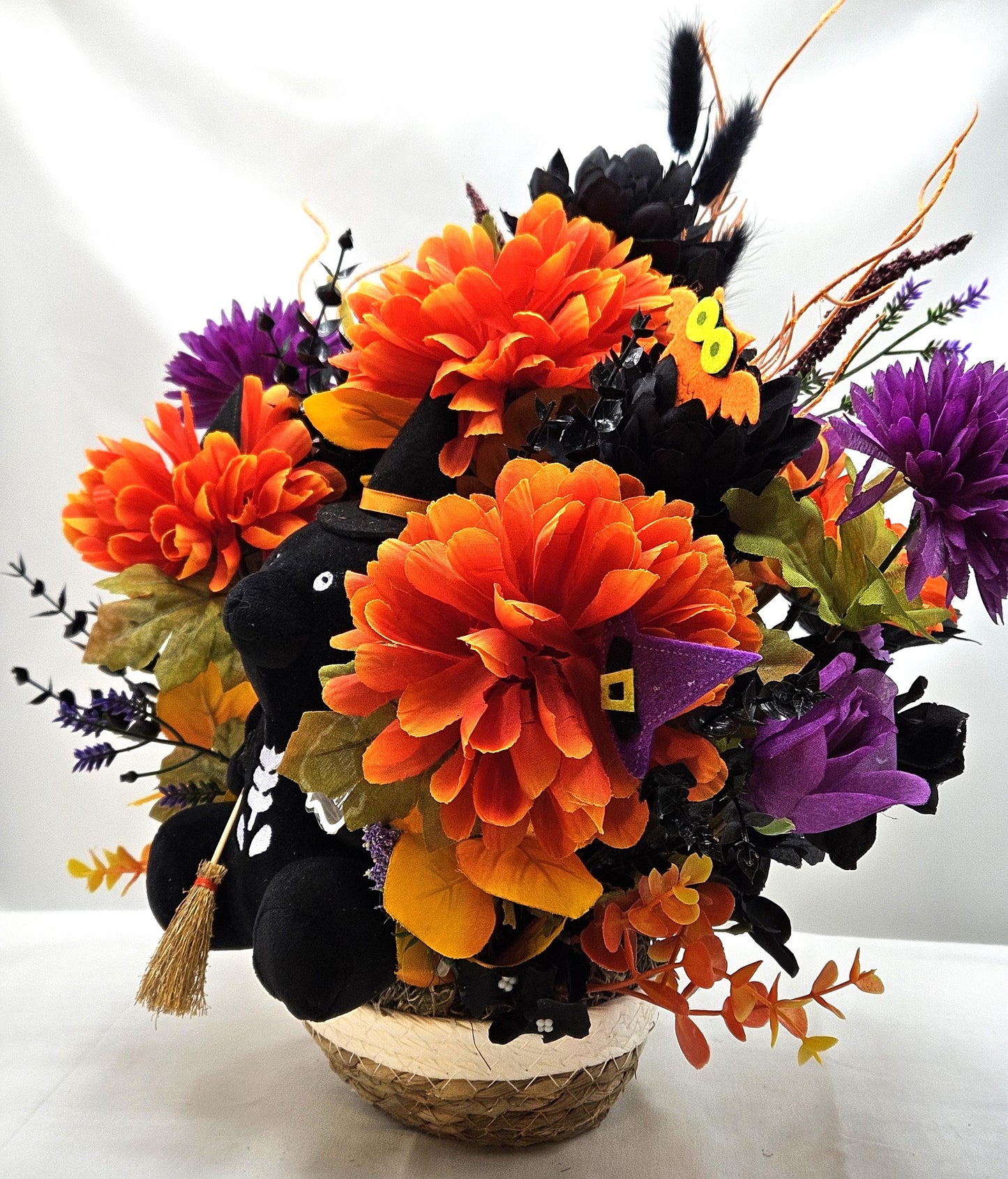 Adorable Black Witch Bear w/Happy Halloween Sign Amidst Orange/Purple/Black Flowers/Halloween Accents/Owl/Witch Hat/Halloween Decor/Gift