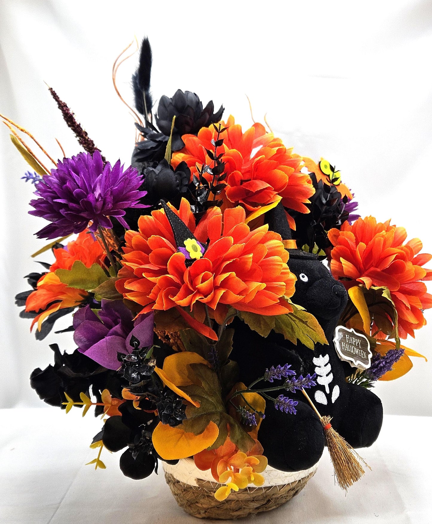 Adorable Black Witch Bear w/Happy Halloween Sign Amidst Orange/Purple/Black Flowers/Halloween Accents/Owl/Witch Hat/Halloween Decor/Gift