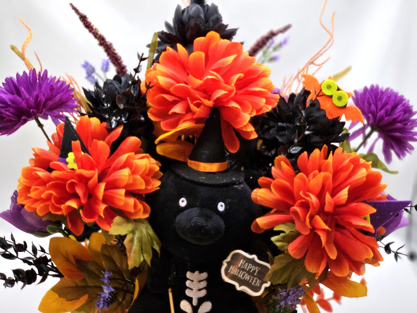 Adorable Black Witch Bear w/Happy Halloween Sign Amidst Orange/Purple/Black Flowers/Halloween Accents/Owl/Witch Hat/Halloween Decor/Gift