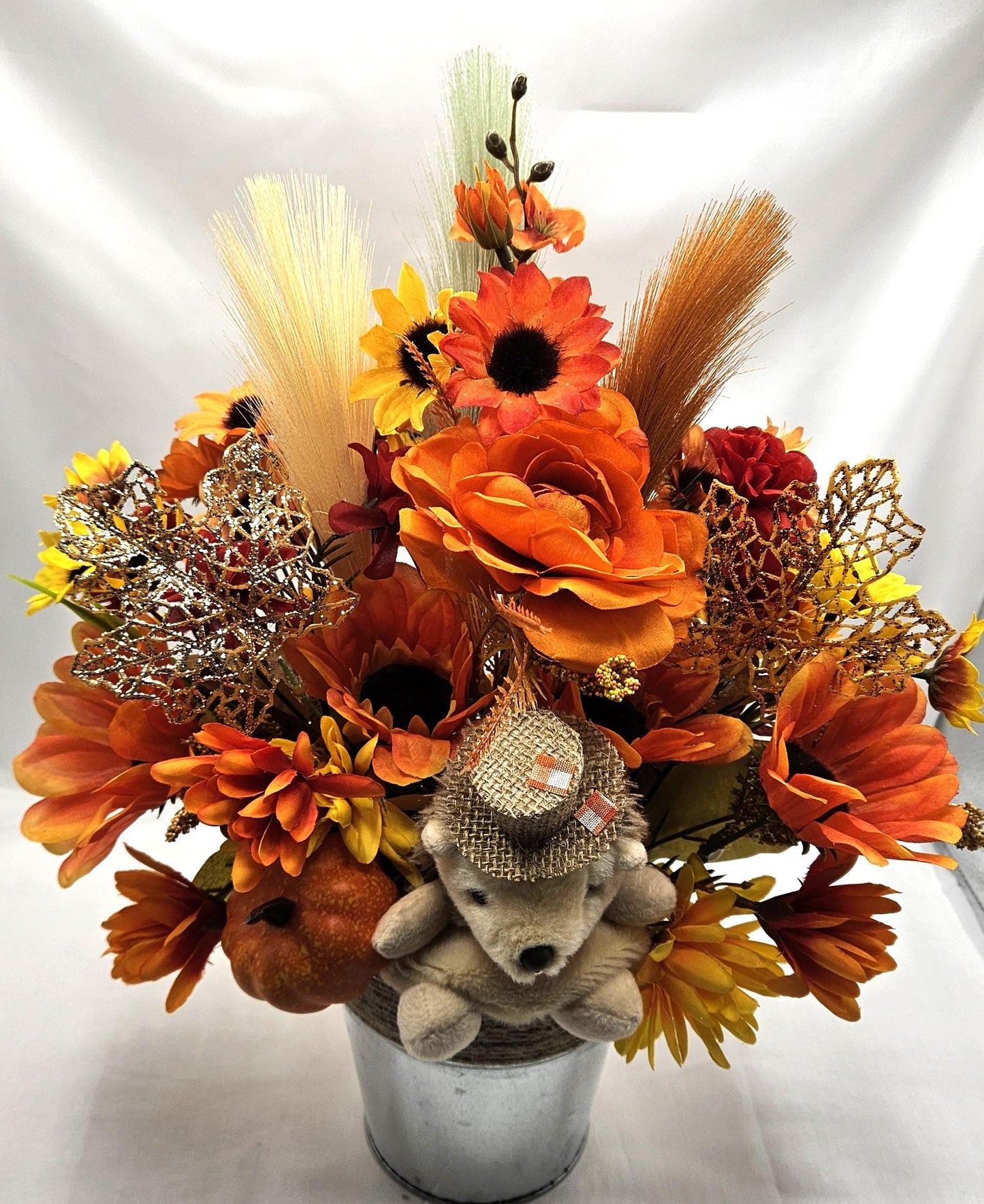 Cute Hedgehog Fall Autumn Flower Arrangement Set in Rope Trimmed Metal Pail/Burnt Orange/Yellow/Other Fall Flowers/Leaves/Glitter Accents
