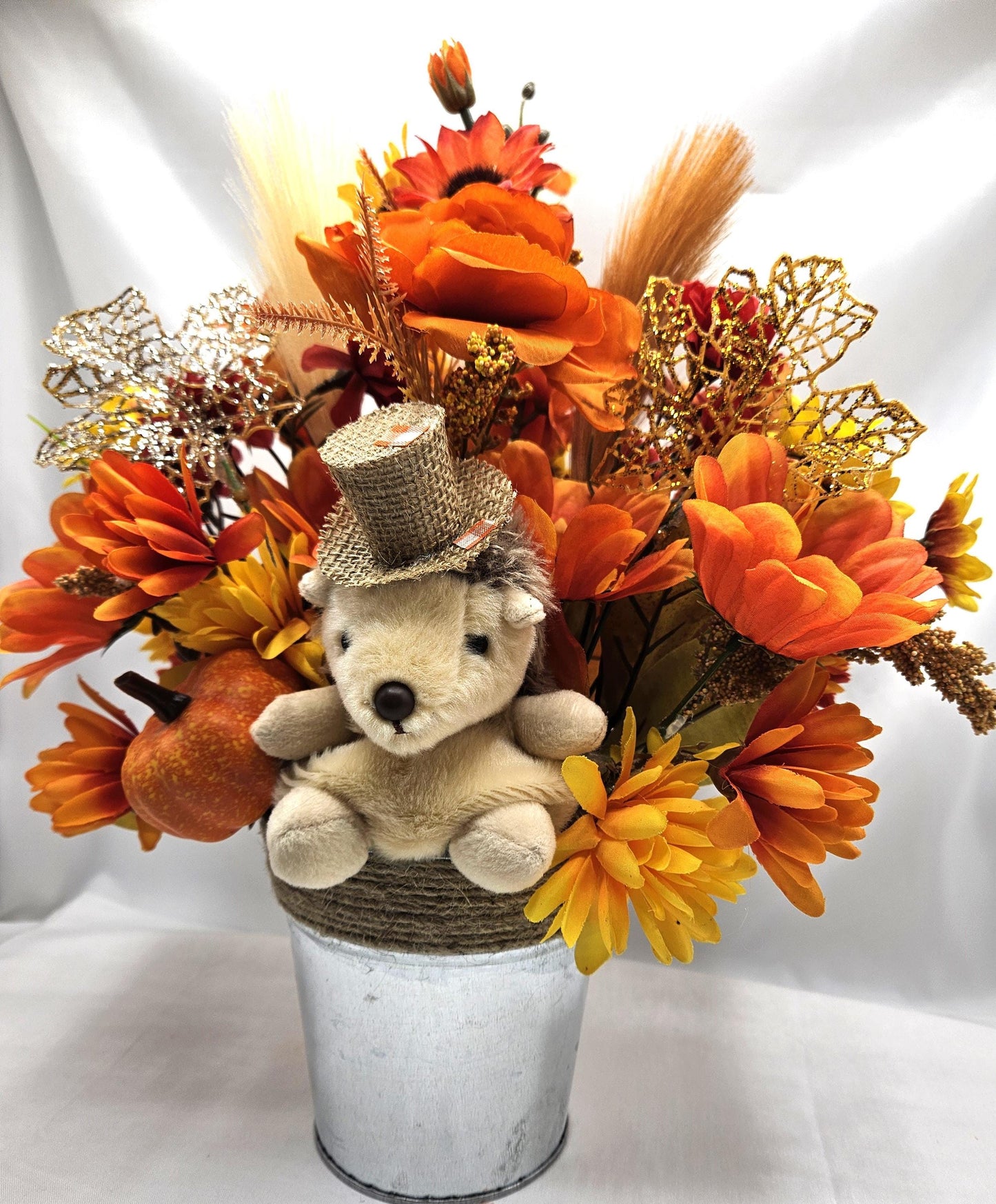 Cute Hedgehog Fall Autumn Flower Arrangement Set in Rope Trimmed Metal Pail/Burnt Orange/Yellow/Other Fall Flowers/Leaves/Glitter Accents