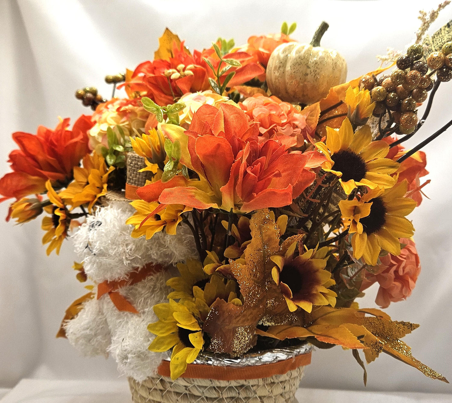 Fall Flower Arrangement with White Dog in Woven Basket: Autumn Decor