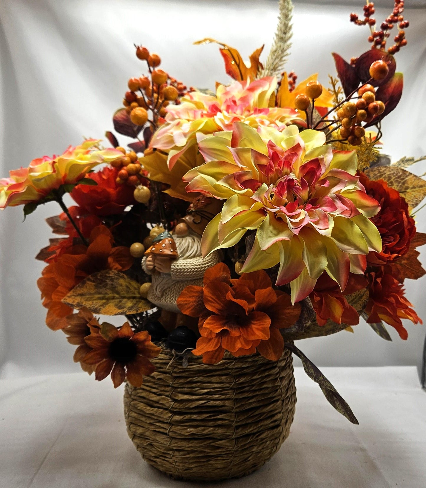 Fall Gnome Centerpiece: Dahlias, Mums & Berries in Wicker Basket