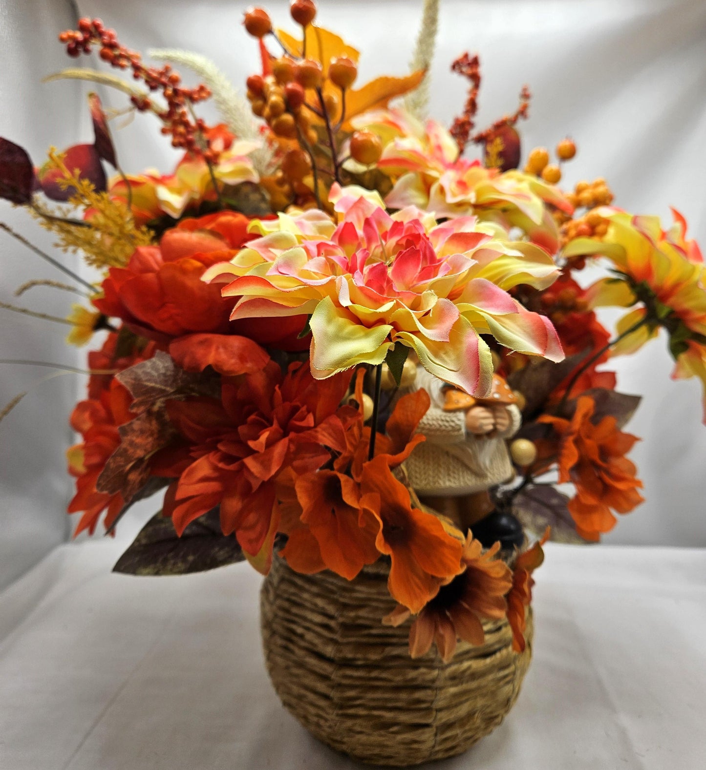 Fall Gnome Centerpiece: Dahlias, Mums & Berries in Wicker Basket