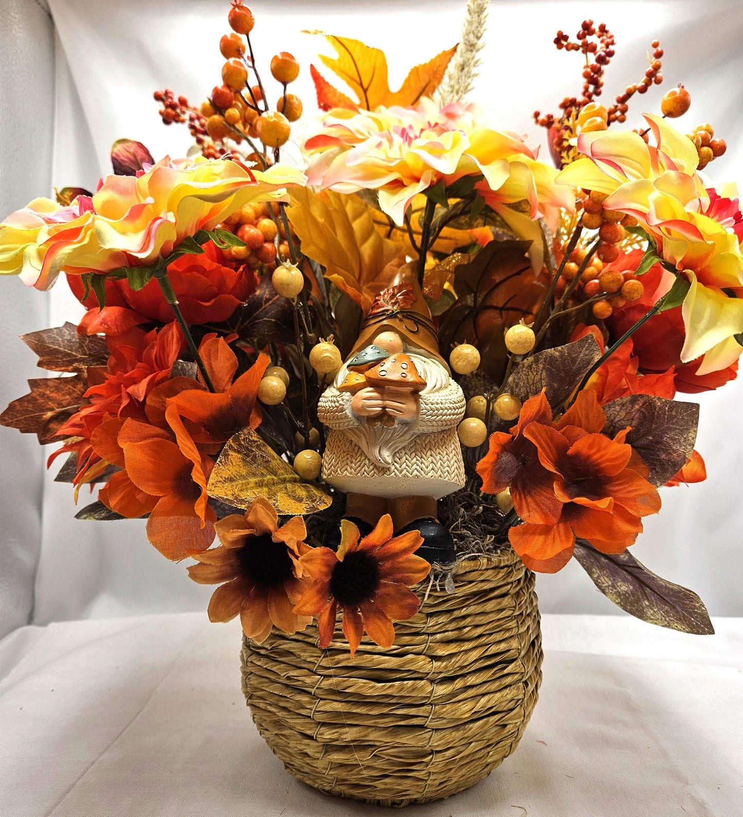 Fall Gnome Centerpiece: Dahlias, Mums & Berries in Wicker Basket