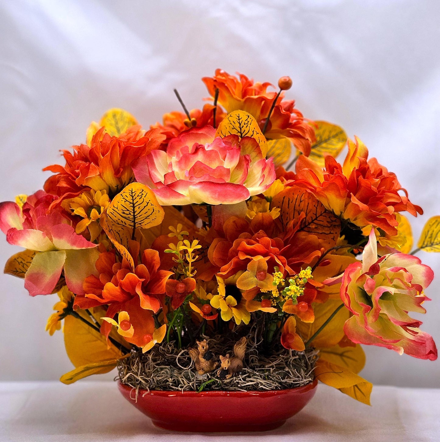 Ceramic Pumpkin Dish w/Autumn/Fall Flowers, Leaves, Accents, Happy Fall Sign, 2 Options, Fox or Squirrel Figures, Fall Lovers Decor/Gift