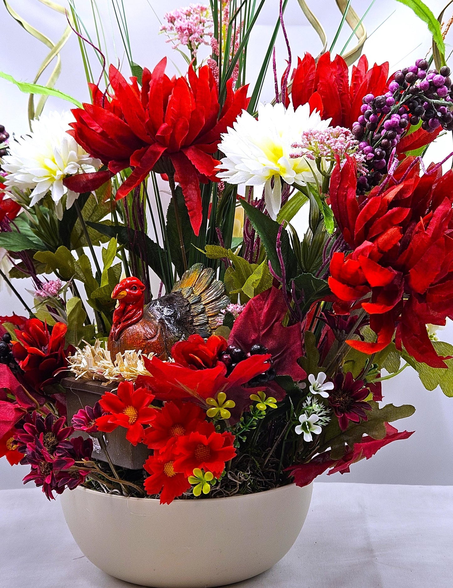 Elegant Thanksgiving Centerpiece/Ceramic Turkey/Red and White Mums, Fall Grasses/Other Holiday Accents/Thanksgiving Celebrations or Gifts