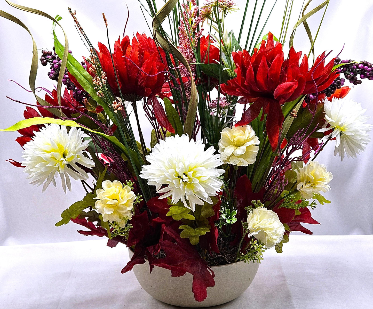 Elegant Thanksgiving Centerpiece/Ceramic Turkey/Red and White Mums, Fall Grasses/Other Holiday Accents/Thanksgiving Celebrations or Gifts