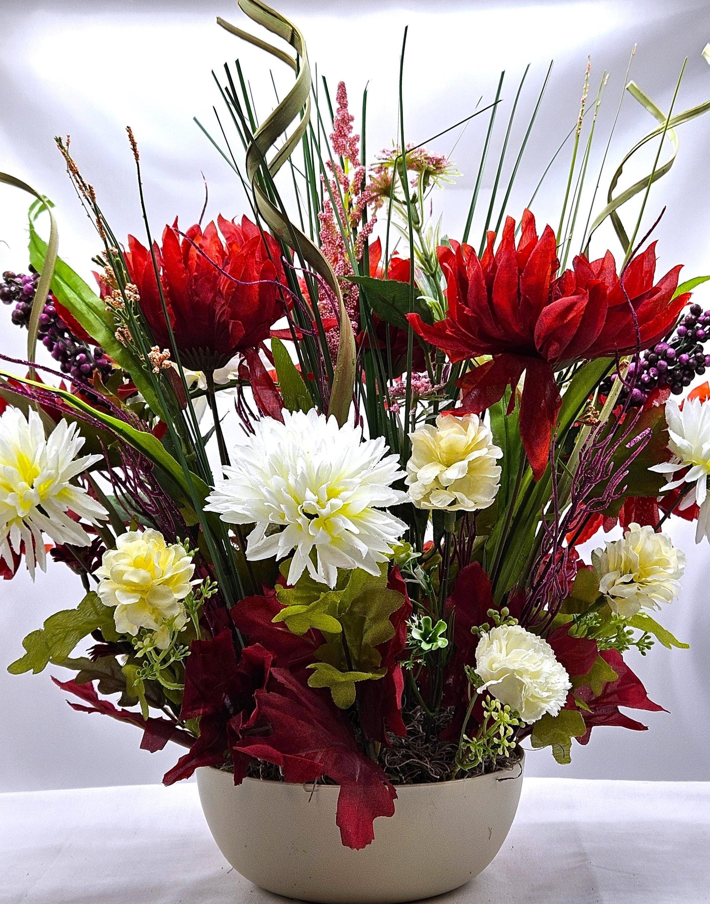 Elegant Thanksgiving Centerpiece/Ceramic Turkey/Red and White Mums, Fall Grasses/Other Holiday Accents/Thanksgiving Celebrations or Gifts