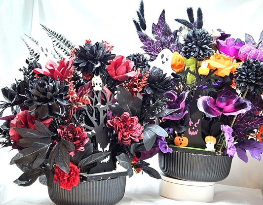 Creepy, Eerie Halloween Trees in Festive Flower Arrangements/2 options, red/black or Black/White/Halloween accents/set in black plastic bowl