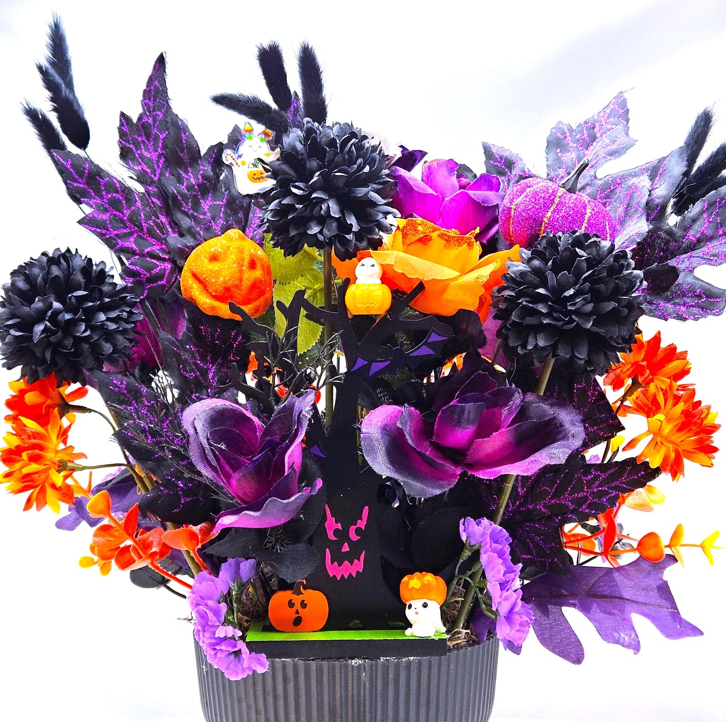 Creepy, Eerie Halloween Trees in Festive Flower Arrangements/2 options, red/black or Black/White/Halloween accents/set in black plastic bowl