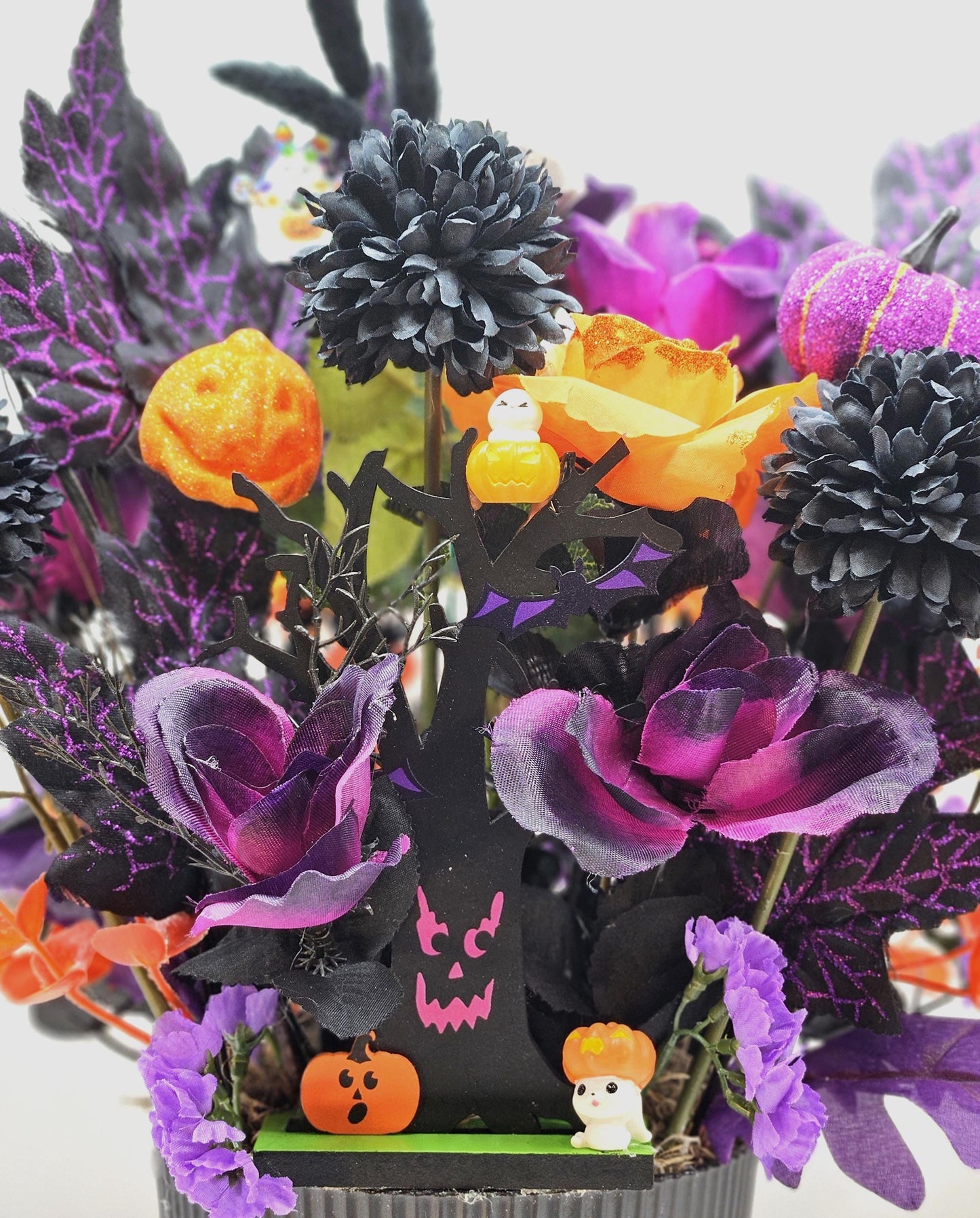 Creepy, Eerie Halloween Trees in Festive Flower Arrangements/2 options, red/black or Black/White/Halloween accents/set in black plastic bowl