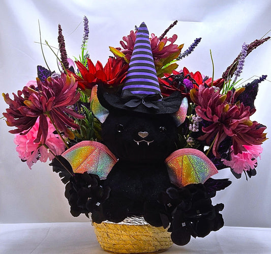Cute Mysterious Stuffed Flying Halloween  Bat Amidst Floral Garden of Burgundy/Pink/Black/Purple, Festive Accents, Halloween Gift/Decor