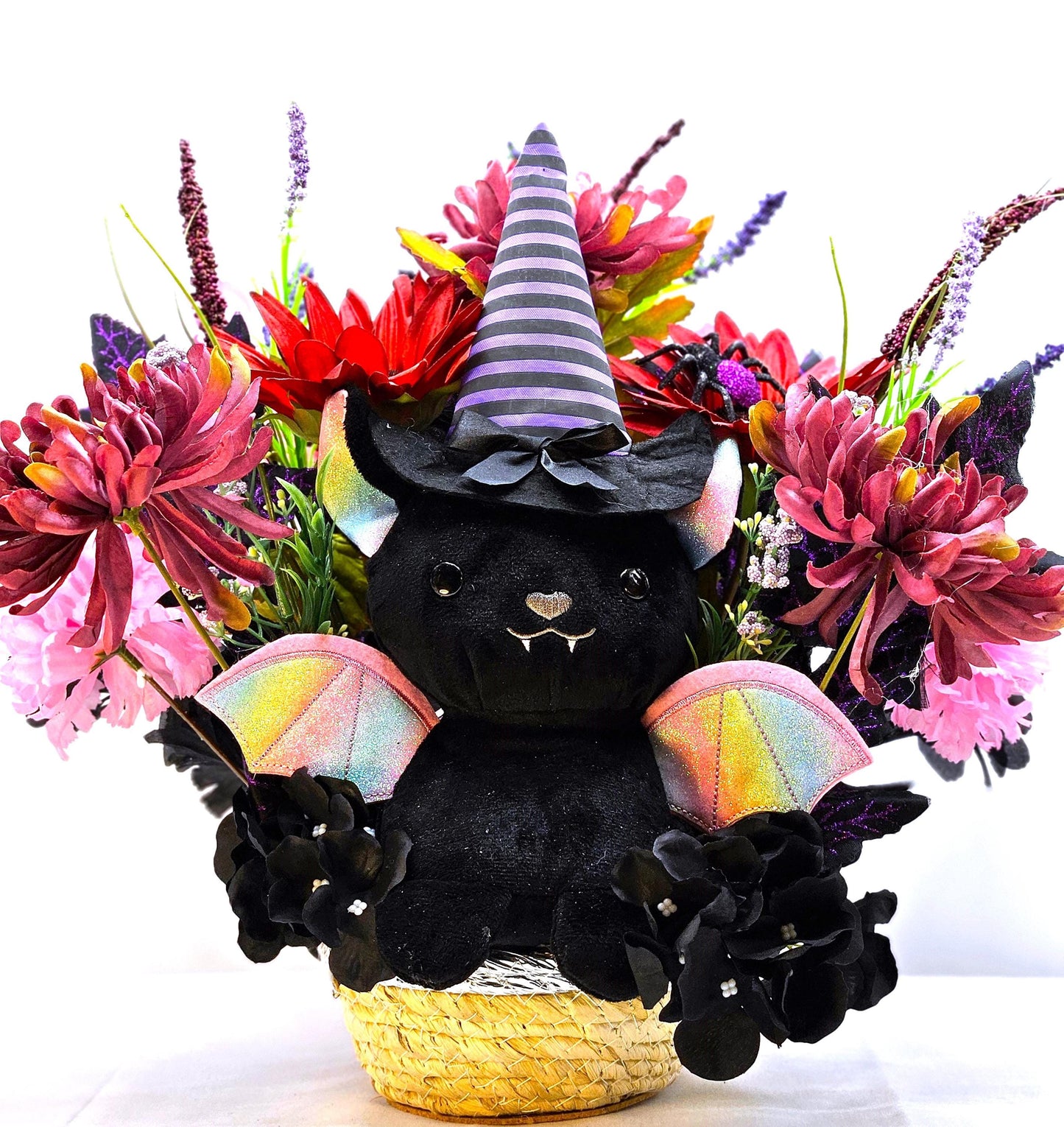 Cute Mysterious Stuffed Flying Halloween  Bat Amidst Floral Garden of Burgundy/Pink/Black/Purple, Festive Accents, Halloween Gift/Decor