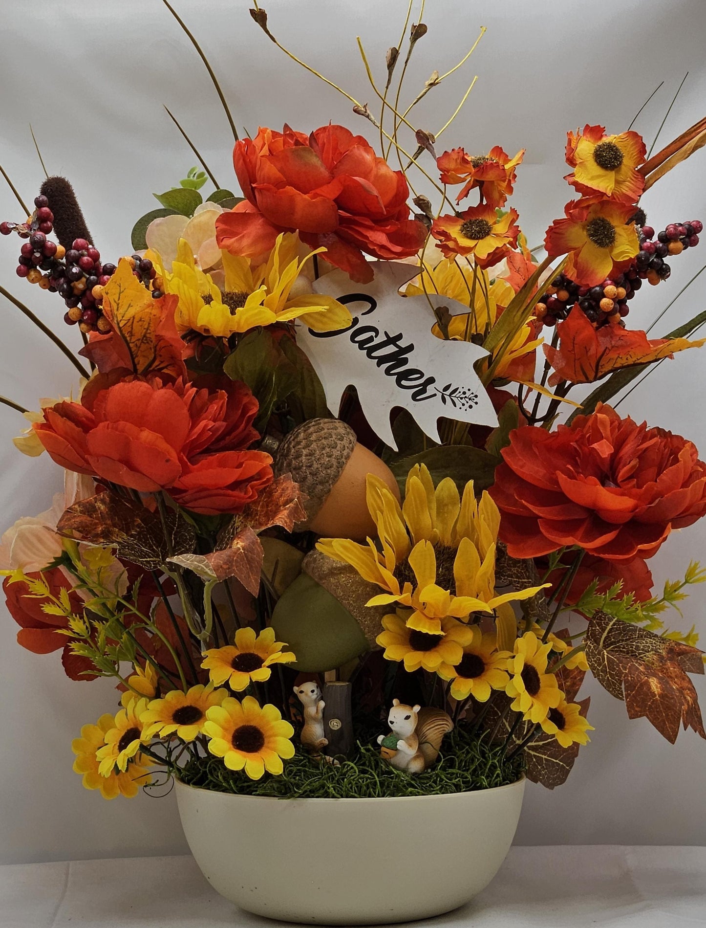 Gather/Give Thanks Flower arrangement/Squirrels w/Deep red/Orange Dahlias/Yellow Sunflowers/Acorns/Other Fall Accents/Happy Thanksgiving