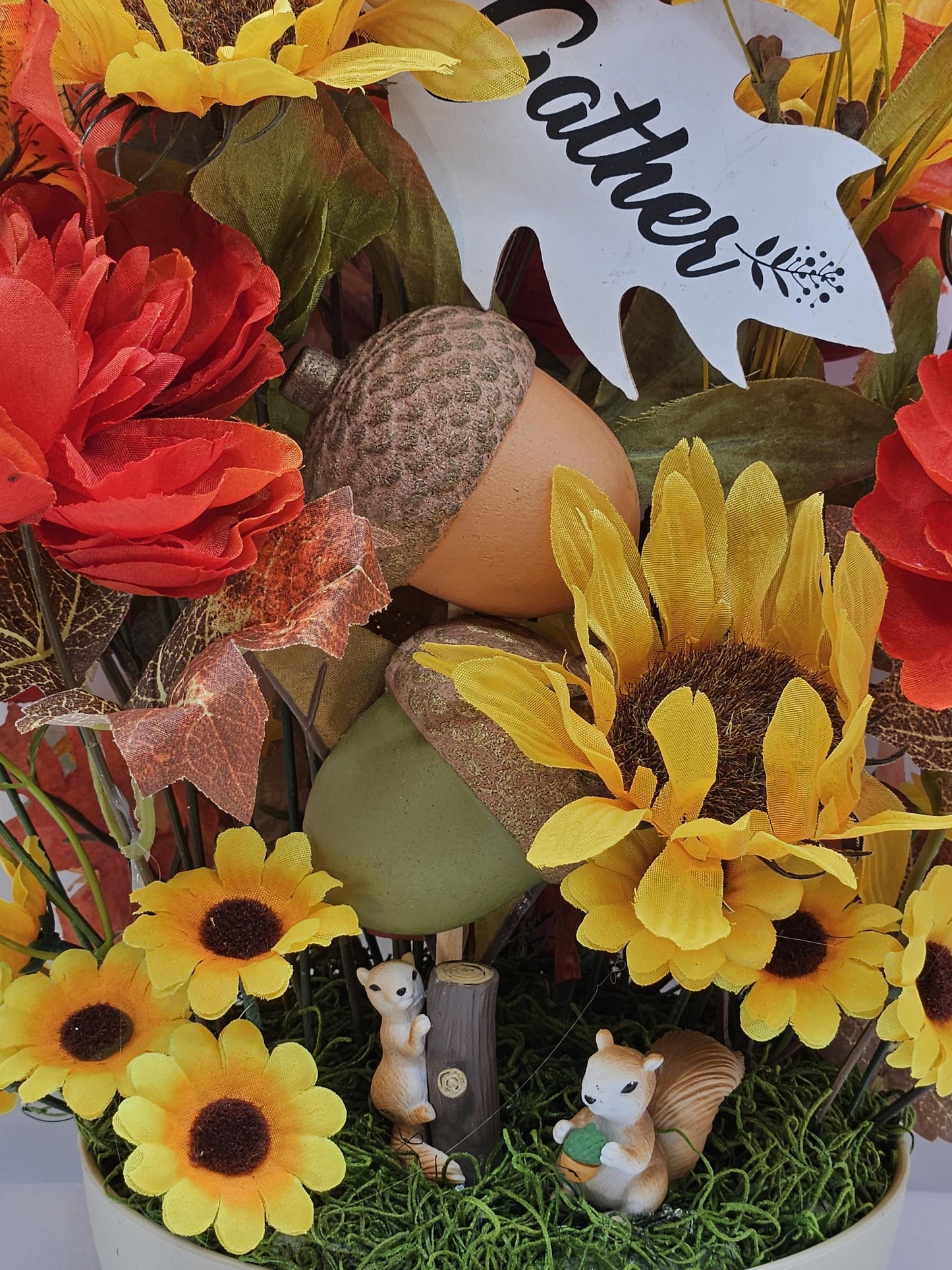 Gather/Give Thanks Flower arrangement/Squirrels w/Deep red/Orange Dahlias/Yellow Sunflowers/Acorns/Other Fall Accents/Happy Thanksgiving