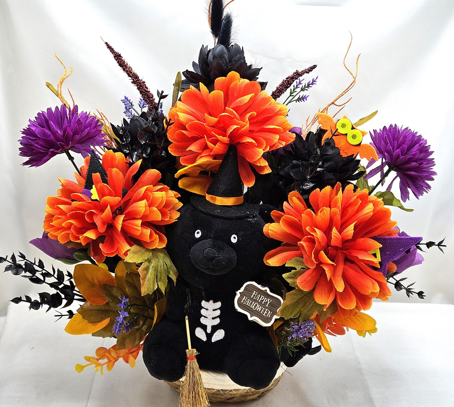 Adorable Black Witch Bear w/Happy Halloween Sign Amidst Orange/Purple/Black Flowers/Halloween Accents/Owl/Witch Hat/Halloween Decor/Gift