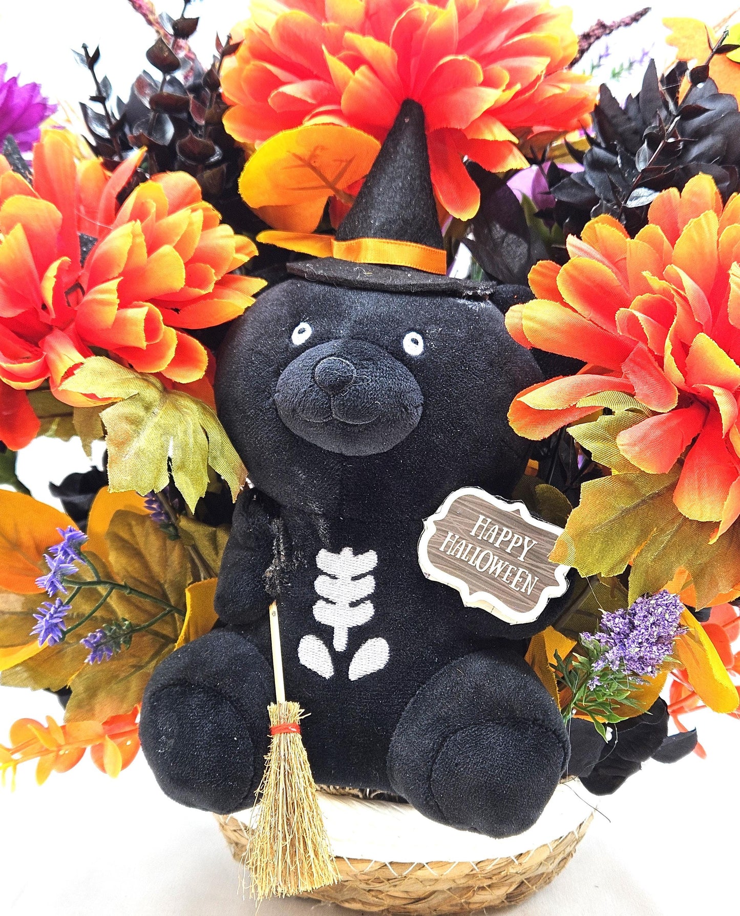 Adorable Black Witch Bear w/Happy Halloween Sign Amidst Orange/Purple/Black Flowers/Halloween Accents/Owl/Witch Hat/Halloween Decor/Gift