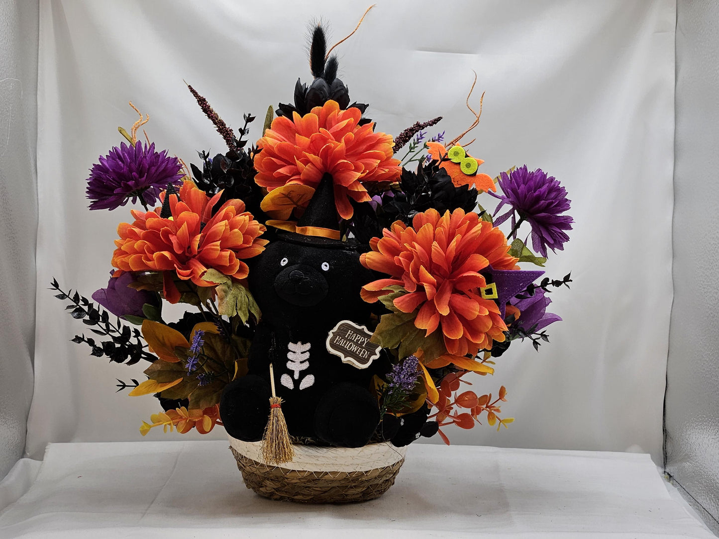 Adorable Black Witch Bear w/Happy Halloween Sign Amidst Orange/Purple/Black Flowers/Halloween Accents/Owl/Witch Hat/Halloween Decor/Gift