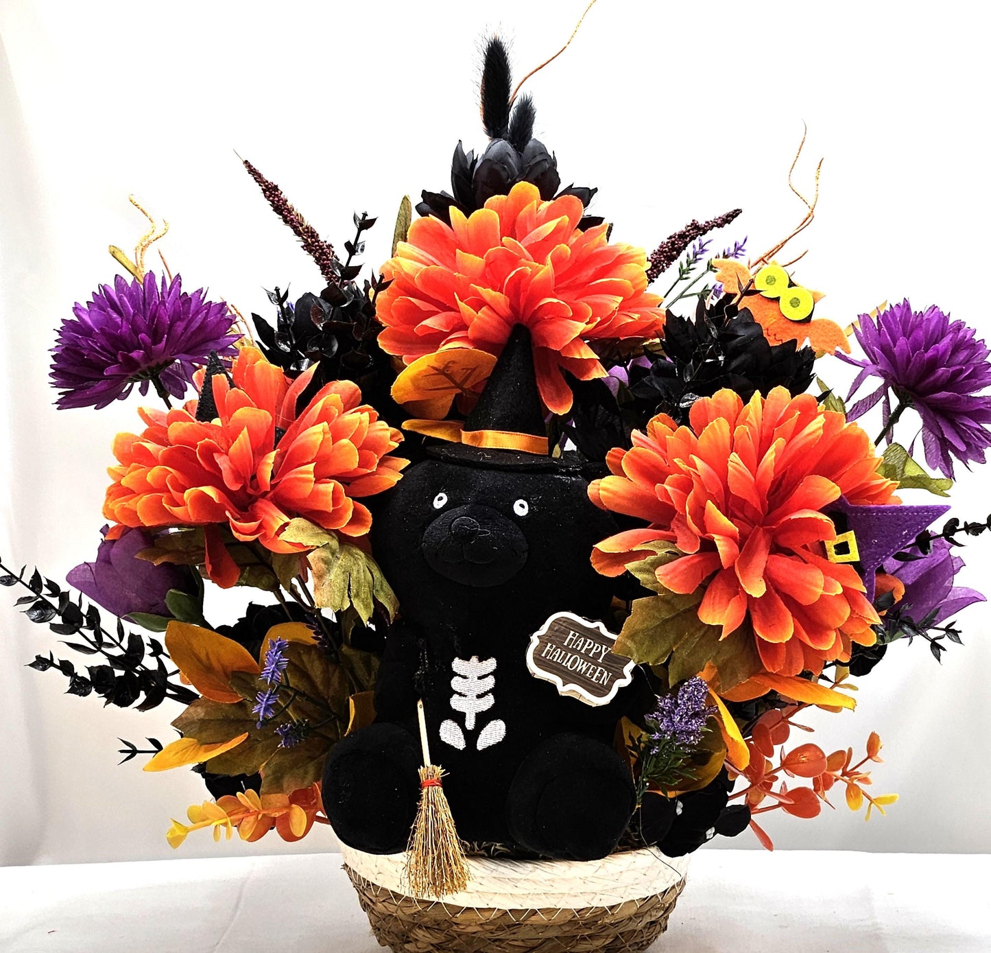Adorable Black Witch Bear w/Happy Halloween Sign Amidst Orange/Purple/Black Flowers/Halloween Accents/Owl/Witch Hat/Halloween Decor/Gift