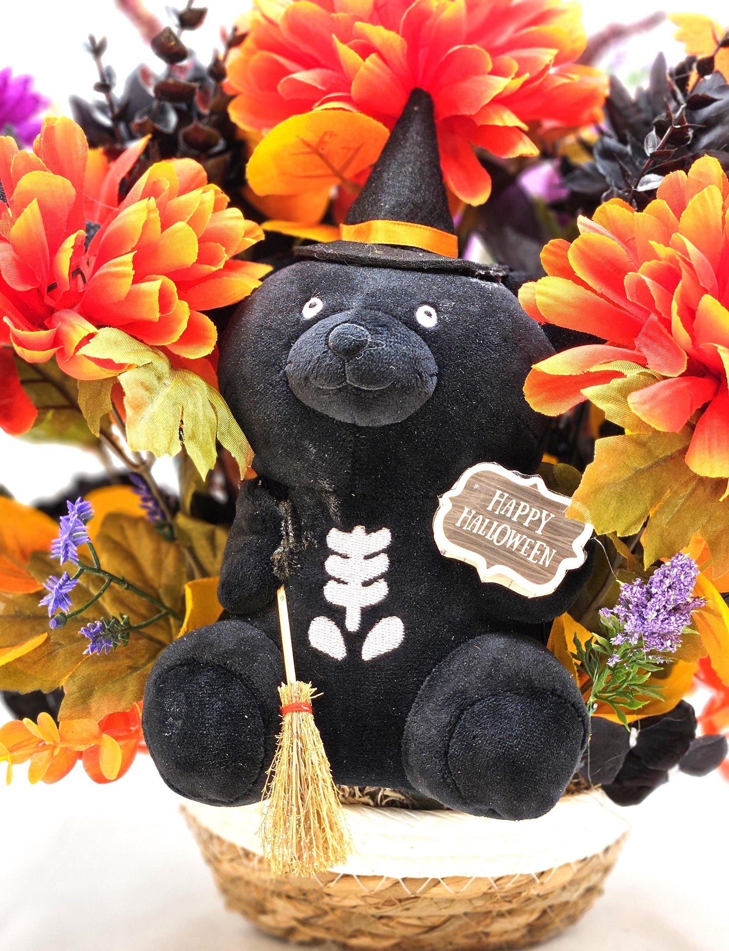 Adorable Black Witch Bear w/Happy Halloween Sign Amidst Orange/Purple/Black Flowers/Halloween Accents/Owl/Witch Hat/Halloween Decor/Gift
