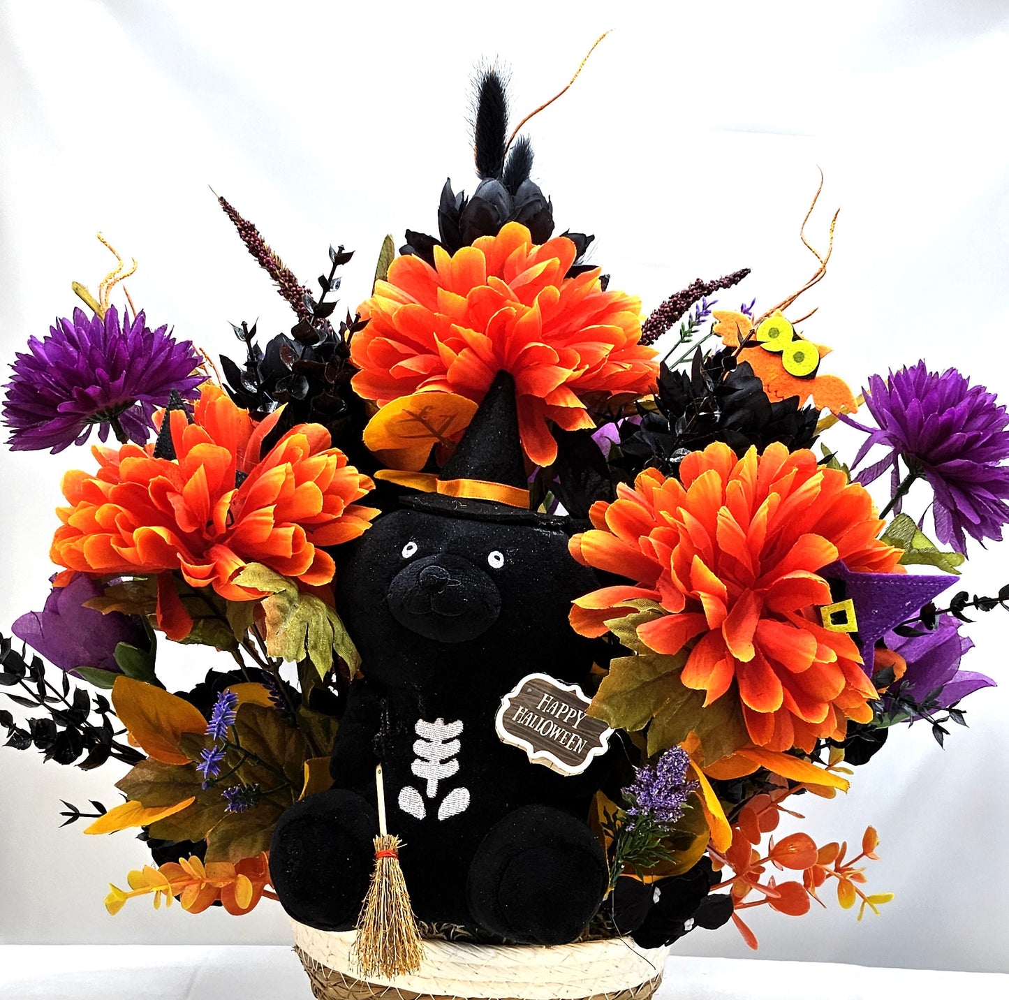 Adorable Black Witch Bear w/Happy Halloween Sign Amidst Orange/Purple/Black Flowers/Halloween Accents/Owl/Witch Hat/Halloween Decor/Gift