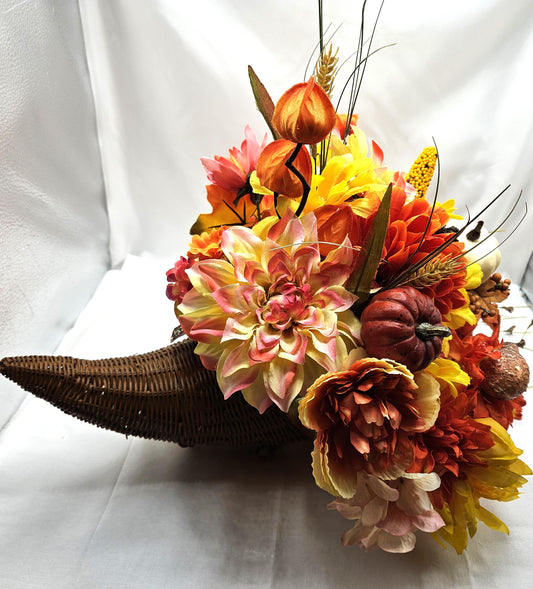 Elegant Thanksgiving Cornucopia with Orange and Yellow flowers, leaves, grasses, gourd and other Accents as Holiday Decor or Give as a Gift