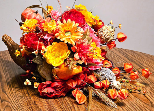 Elegant Thanksgiving Cornucopia filled w/Various Pumpkins/Gourds/Orange/Yellow/Peach Flowers, Grasses, Leaves, Cattails. other Fall Accents