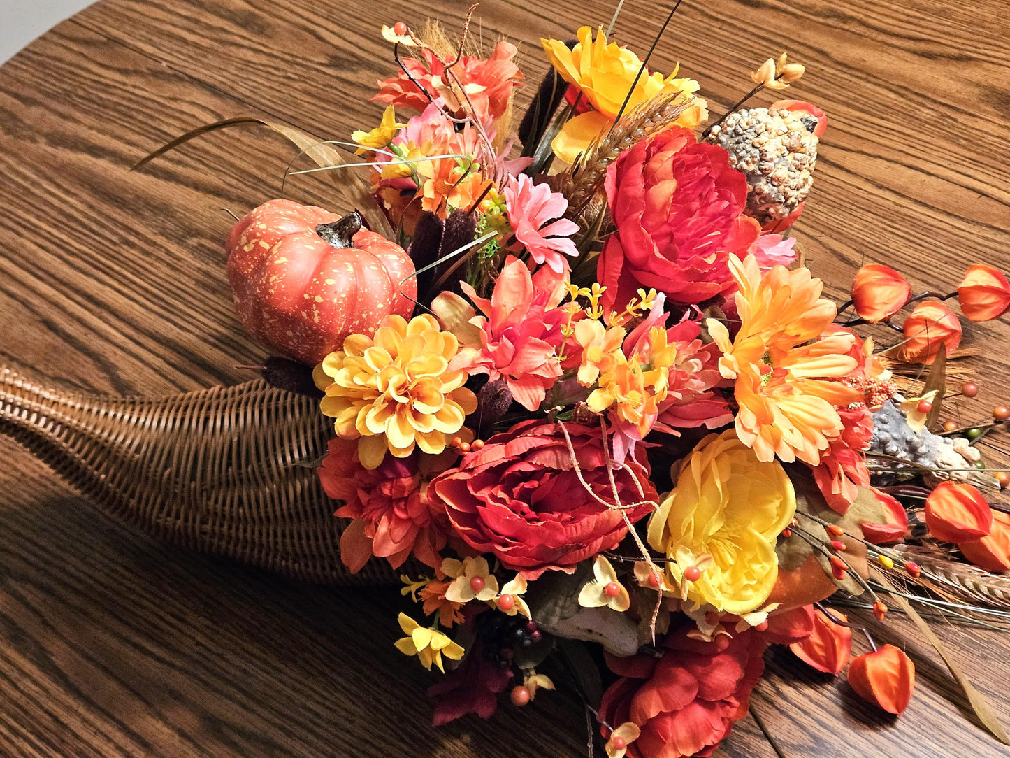 Elegant Thanksgiving Cornucopia filled w/Various Pumpkins/Gourds/Orange/Yellow/Peach Flowers, Grasses, Leaves, Cattails. other Fall Accents