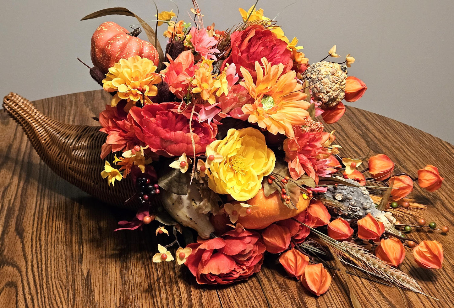 Elegant Thanksgiving Cornucopia filled w/Various Pumpkins/Gourds/Orange/Yellow/Peach Flowers, Grasses, Leaves, Cattails. other Fall Accents