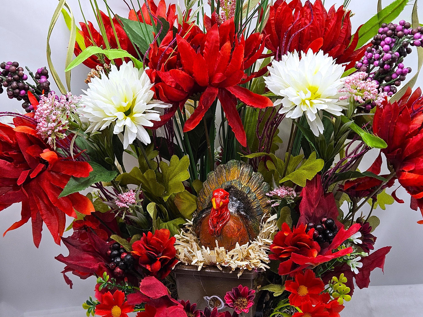 Elegant Thanksgiving Centerpiece/Ceramic Turkey/Red and White Mums, Fall Grasses/Other Holiday Accents/Thanksgiving Celebrations or Gifts