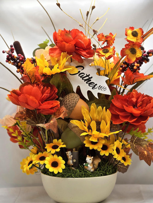 Gather/Give Thanks Flower arrangement/Squirrels w/Deep red/Orange Dahlias/Yellow Sunflowers/Acorns/Other Fall Accents/Happy Thanksgiving