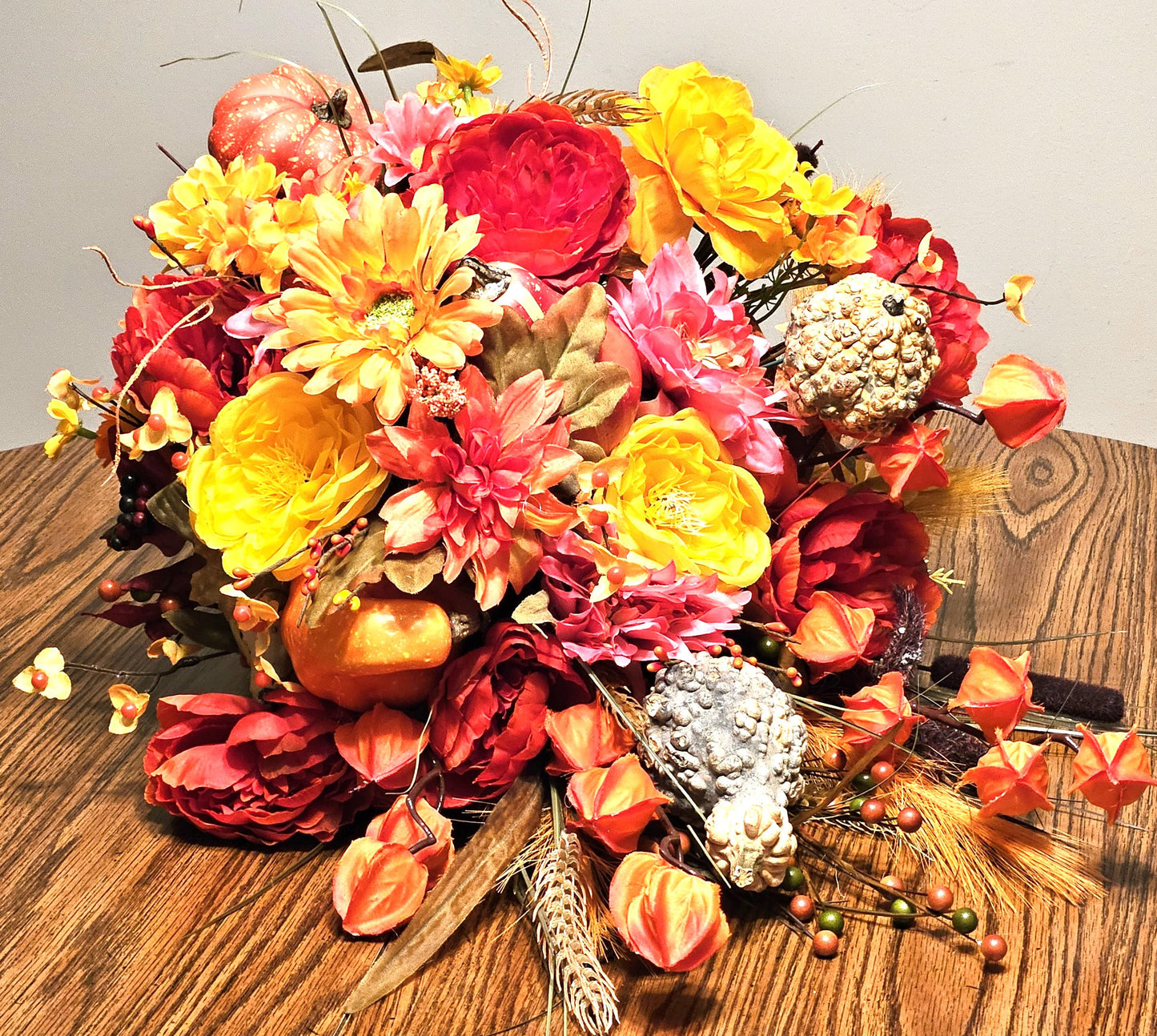 Elegant Thanksgiving Cornucopia filled w/Various Pumpkins/Gourds/Orange/Yellow/Peach Flowers, Grasses, Leaves, Cattails. other Fall Accents