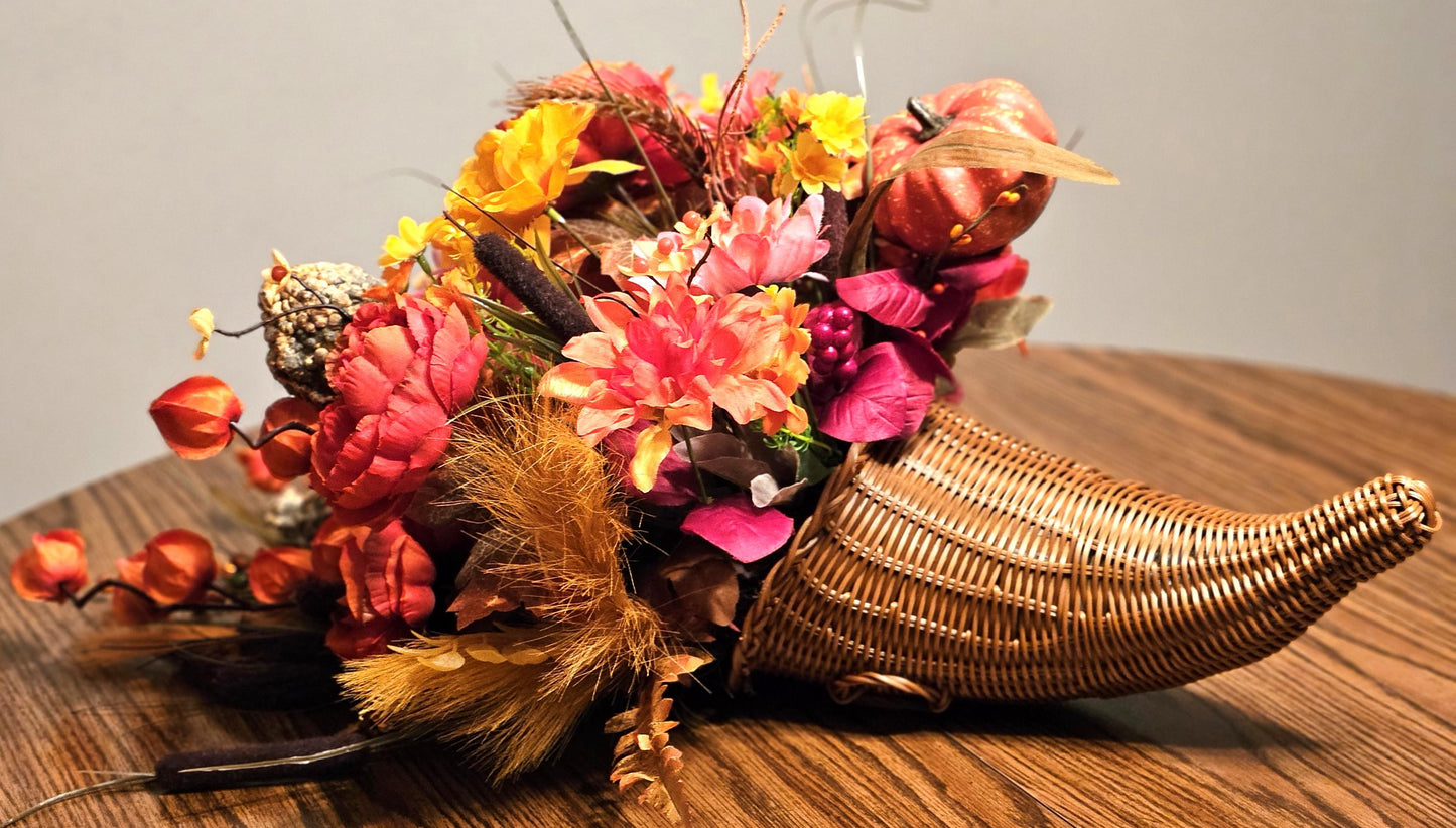 Elegant Thanksgiving Cornucopia filled w/Various Pumpkins/Gourds/Orange/Yellow/Peach Flowers, Grasses, Leaves, Cattails. other Fall Accents