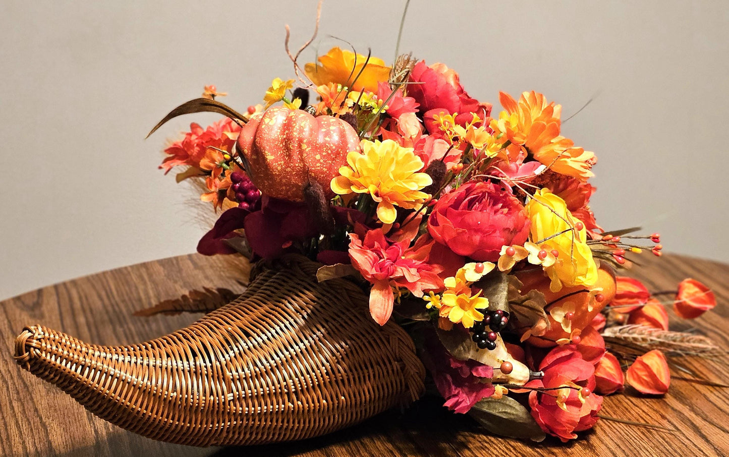 Elegant Thanksgiving Cornucopia filled w/Various Pumpkins/Gourds/Orange/Yellow/Peach Flowers, Grasses, Leaves, Cattails. other Fall Accents