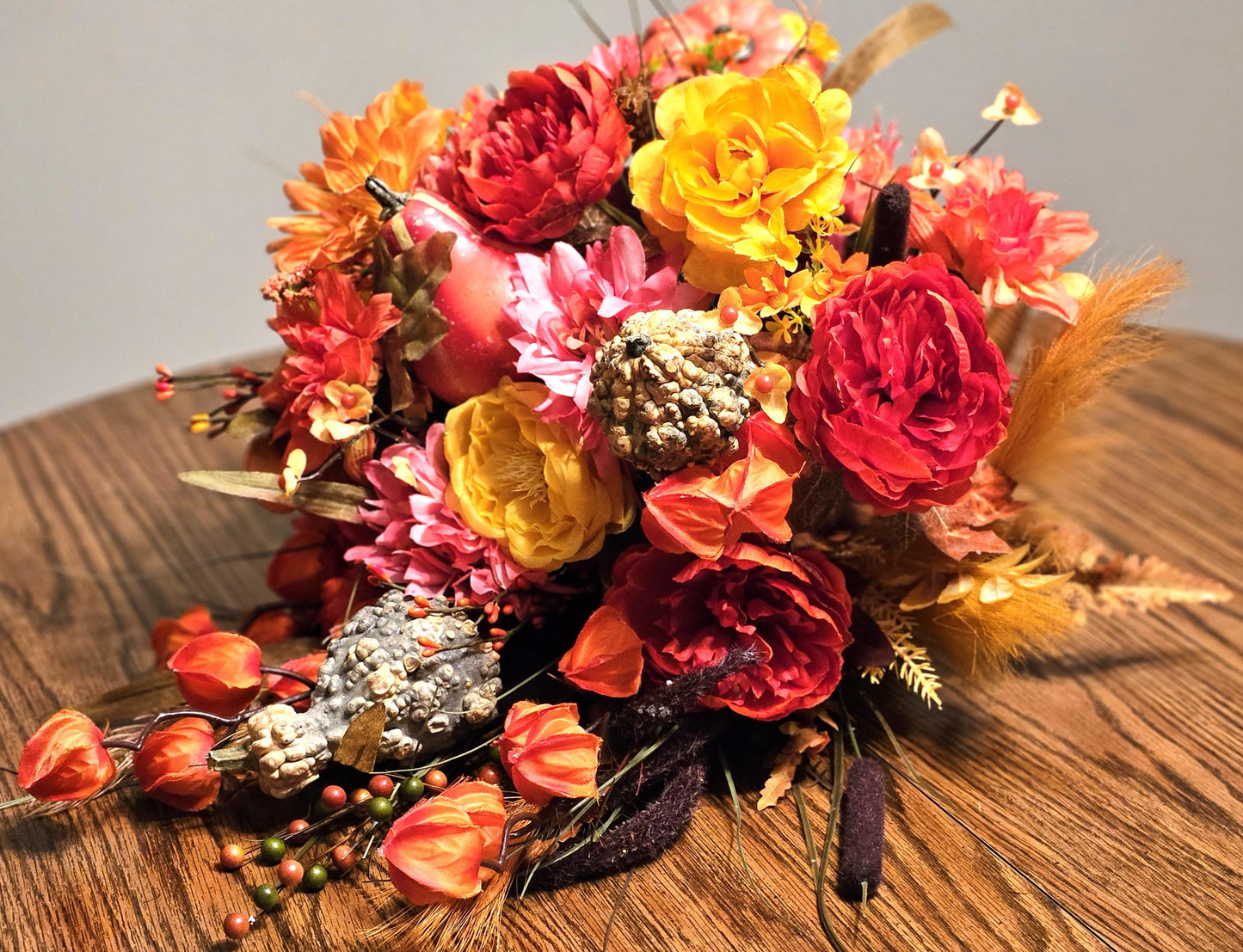 Elegant Thanksgiving Cornucopia filled w/Various Pumpkins/Gourds/Orange/Yellow/Peach Flowers, Grasses, Leaves, Cattails. other Fall Accents