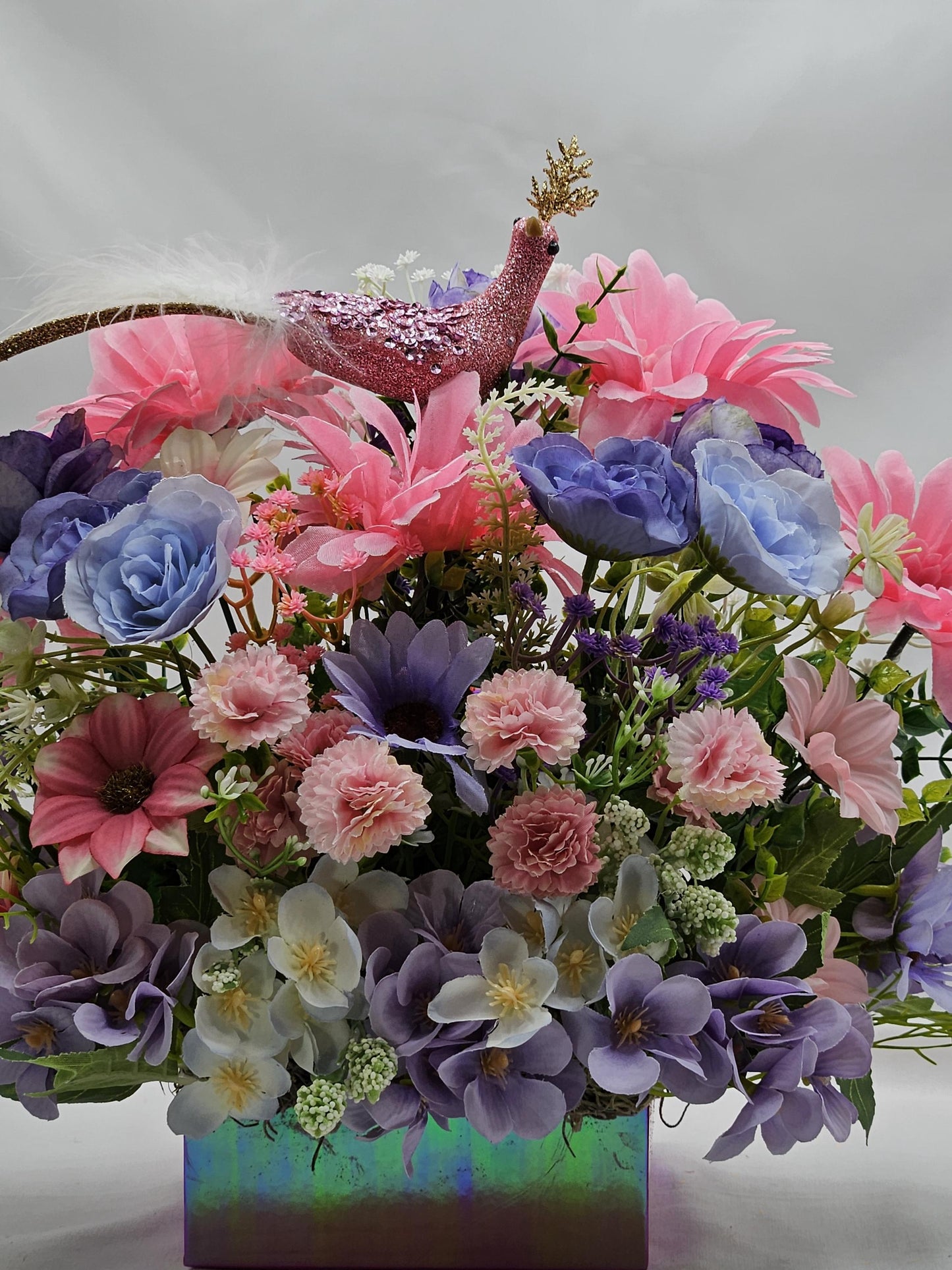 Pastel Pearlized Gift Box Filled with Vibrant/Lush Purple/Pink/White Flowers/Greenery/Baby's Breath/Sparkly Elegant Bird Atop the Florals