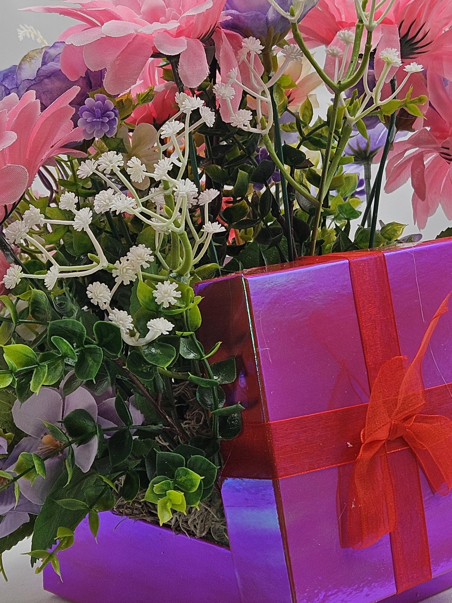 Pastel Pearlized Gift Box Filled with Vibrant/Lush Purple/Pink/White Flowers/Greenery/Baby's Breath/Sparkly Elegant Bird Atop the Florals