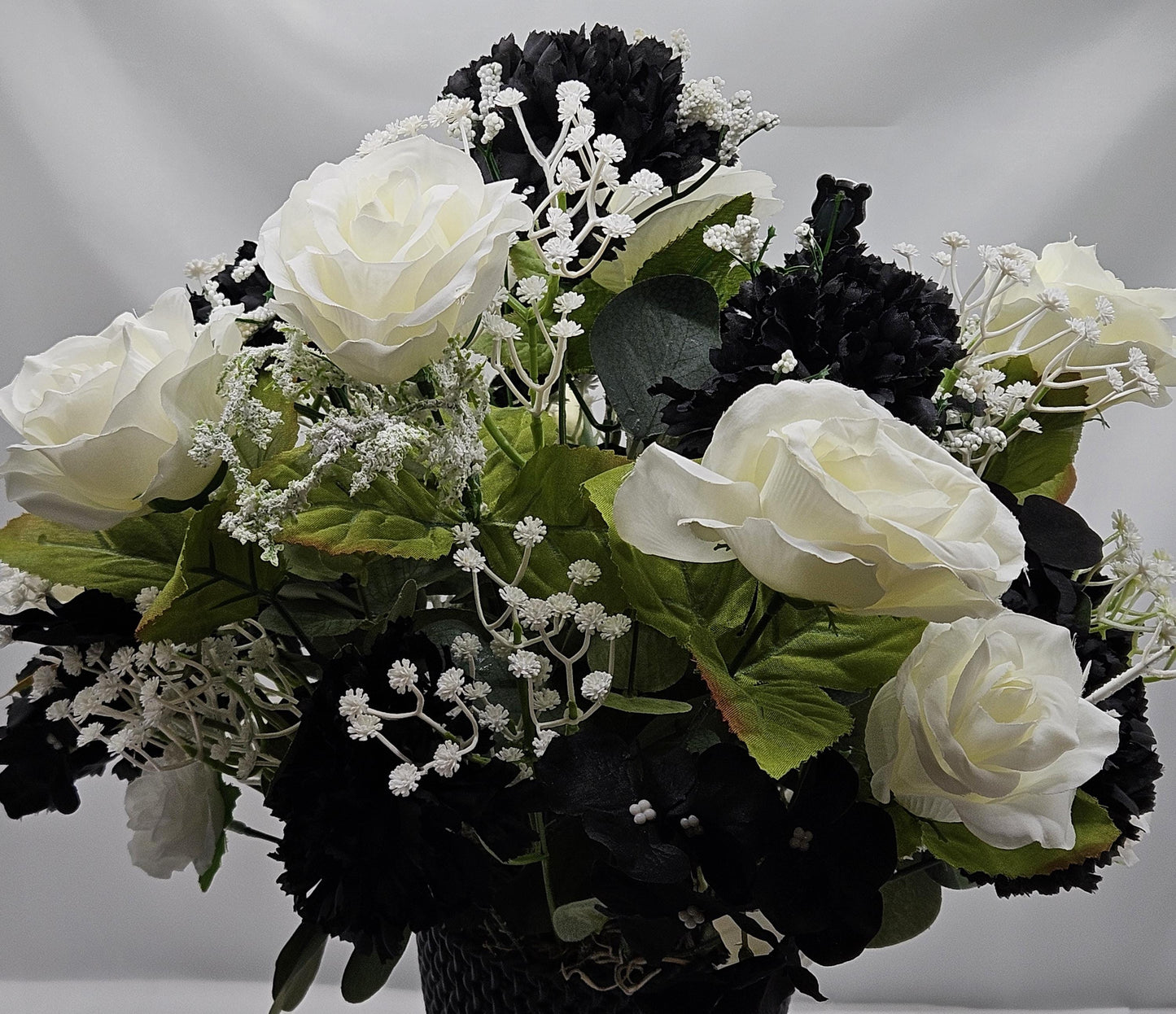 I Love Pandas Flower Arrangement/Black Flower Pot/White Roses/Black Carnations/Panda Bear Accents/Great Gift or Home Decor/Panda Bear Lover