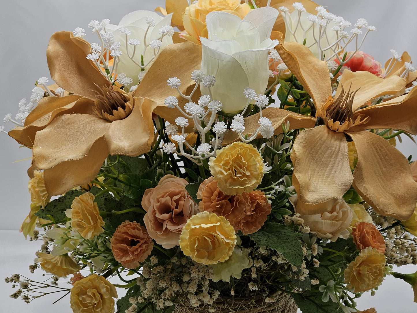 A Purr-fectly Stunning Floral Arrangement w/2 Tabby Tan Cats at the Front of Tan Magnolias/White Roses/Other Florals/Baby's Breath