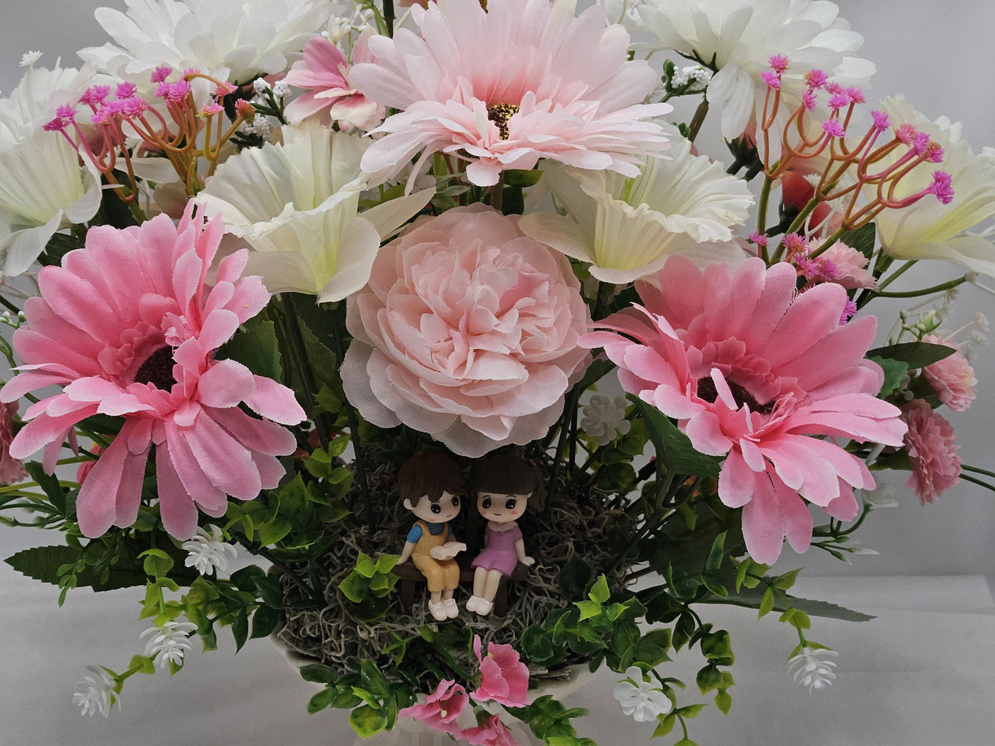 Lovers in a Floral Garden, 2 Options/A Boy's Proposal in Blue/White or Couple Reading in Pink/White/Silk/Foam Roses/Multiple Flowers/Greens