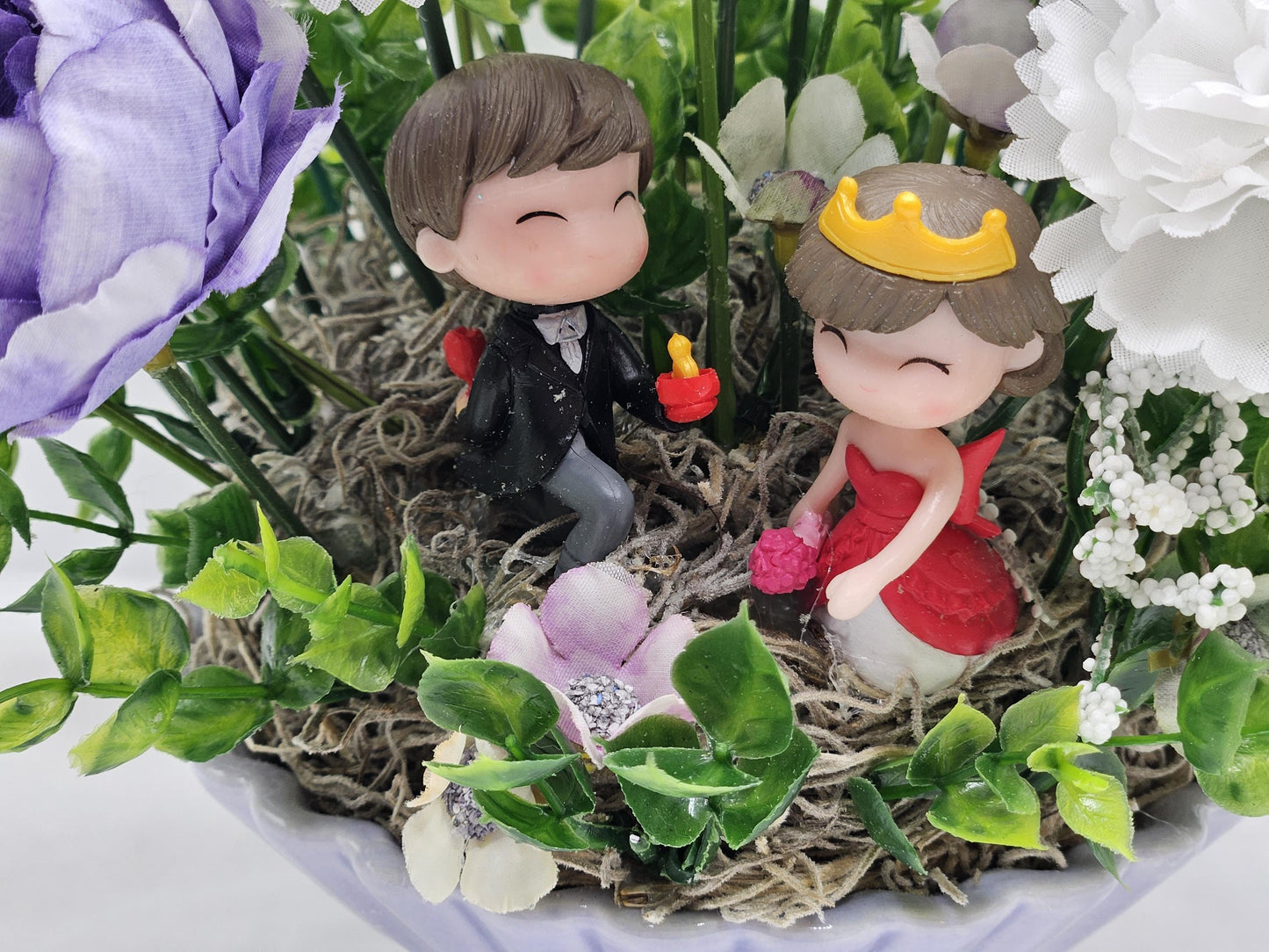 Lovers in a Floral Garden, 2 Options/A Boy's Proposal in Blue/White or Couple Reading in Pink/White/Silk/Foam Roses/Multiple Flowers/Greens