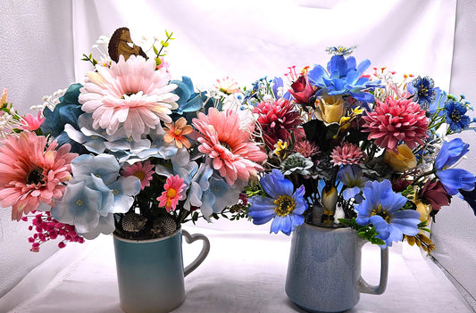 Pretty mugs filled with flowers and a twist of nature/2 options/Hedgehogs or Penquins/Vibrant and Colorful Florals/Blues/Pinks/Grennery