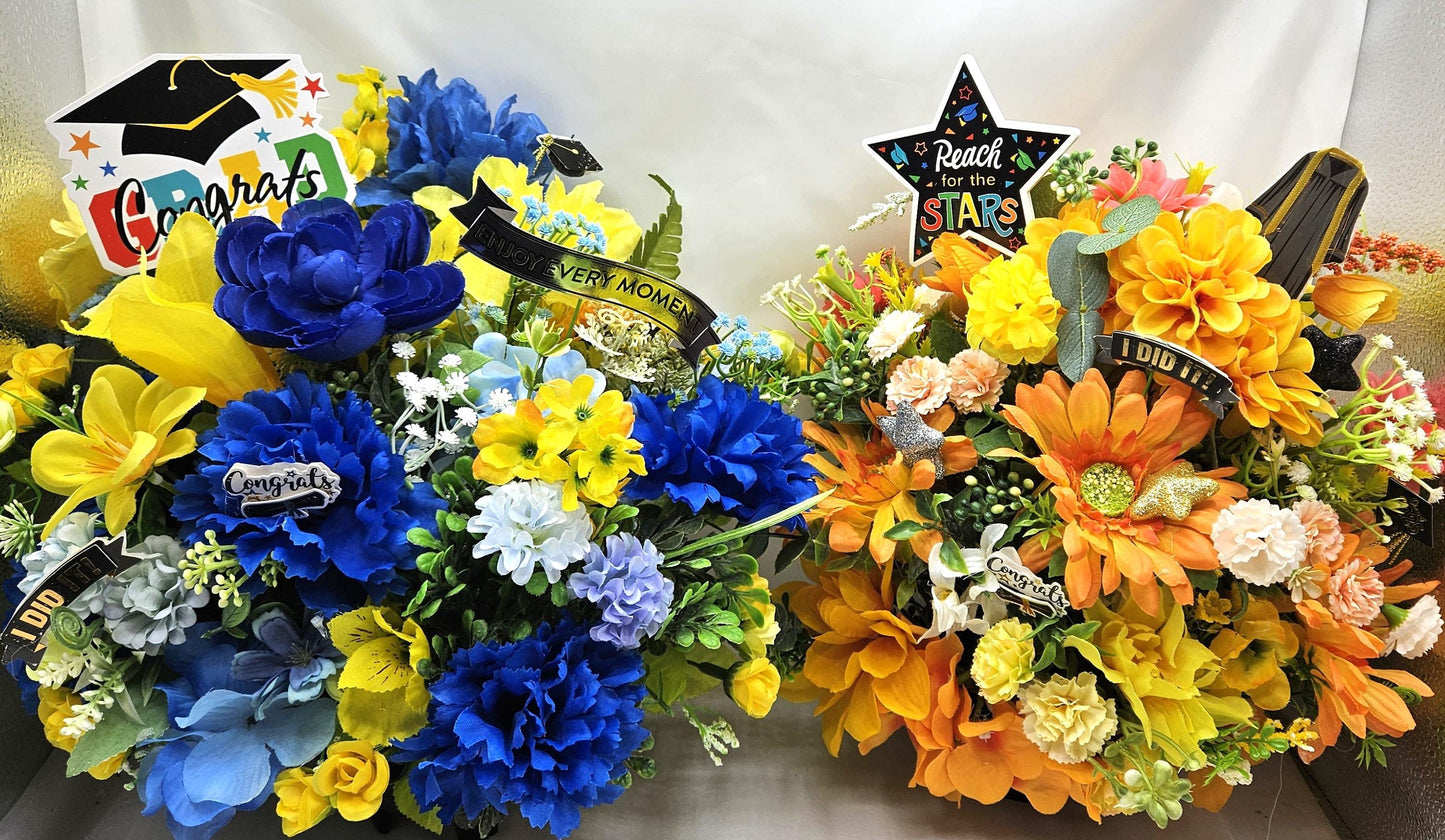 Graduation Flower Arramgements, 2 Choices, Blue and Yellow Congrats Grad or Orange and Yellow Reach for the Stars, Graduate Gift/Decor