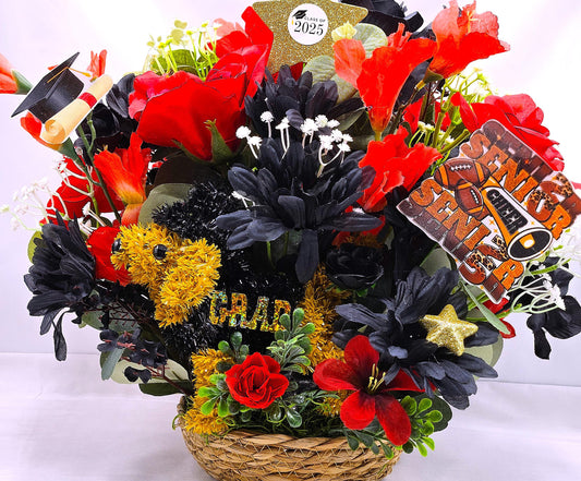 Class of 2025 Graduation Centerpiece - Red & Black Rose/Dahlia Bouquet with Graduate Dog Figurine for Celebration Decor